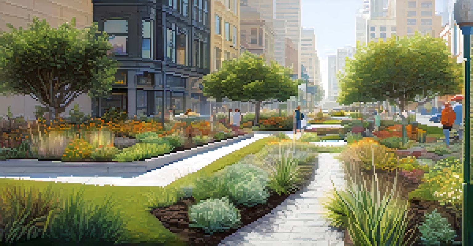 A close-up view of a rain garden in San Francisco, showcasing native plants and permeable pavements under sunlight.
