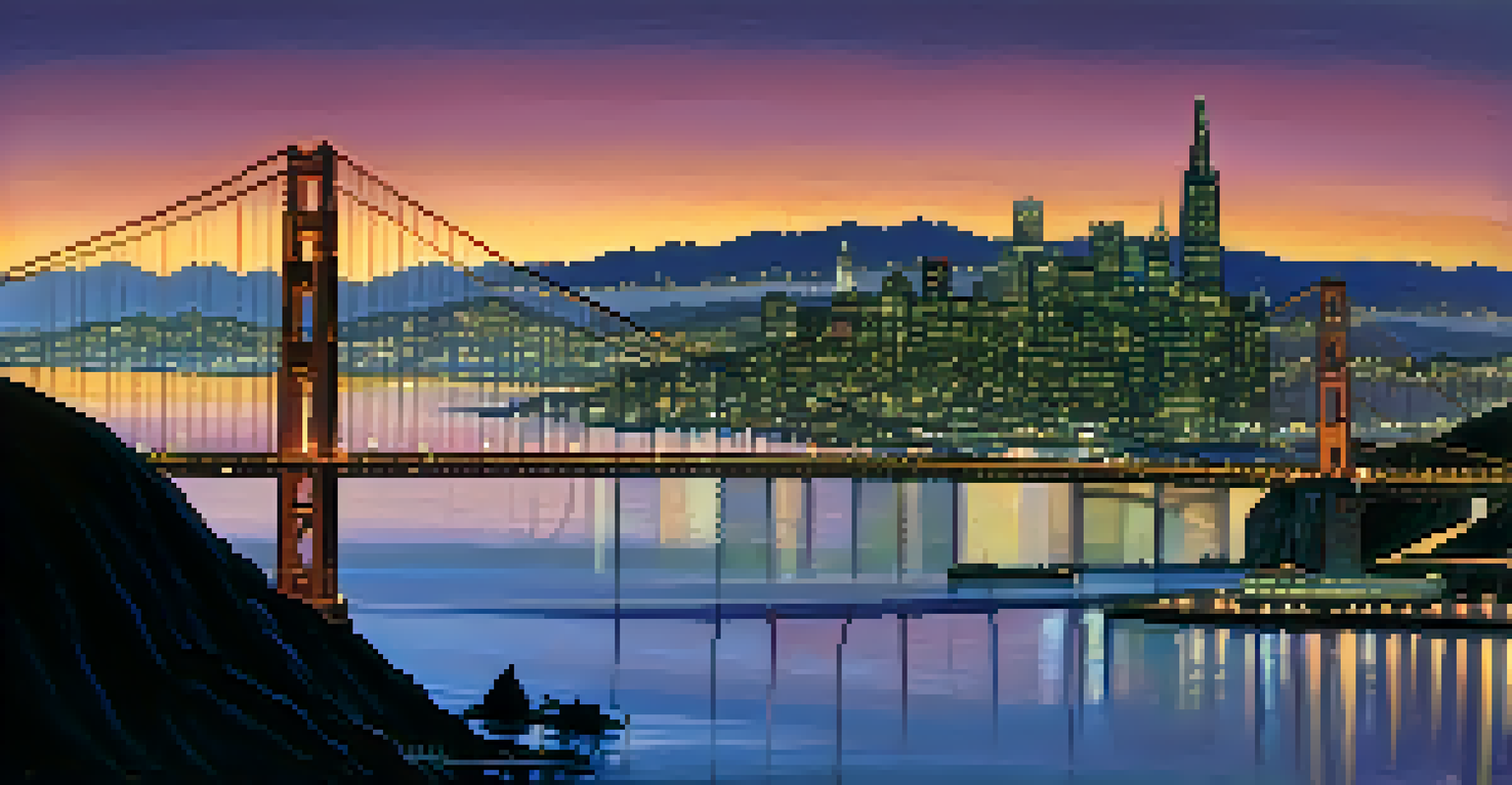 A panoramic view of San Francisco's skyline at dusk with the Golden Gate Bridge and city lights reflecting on the water.