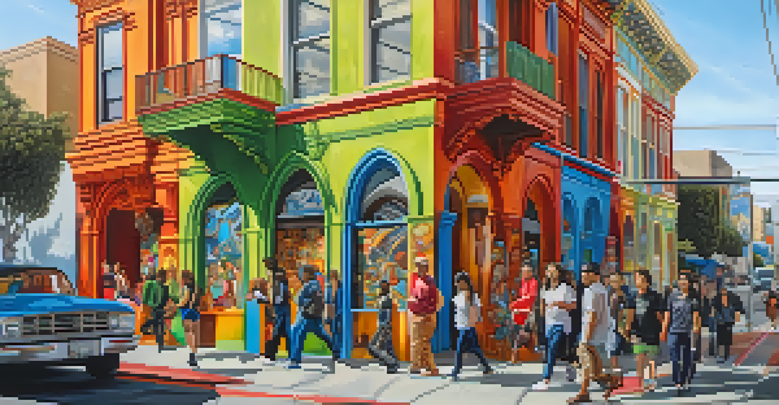 A colorful street in the Mission District filled with vibrant murals and people, illustrating the area's artistic culture.