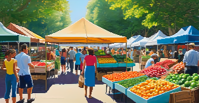 A lively farmer's market with colorful stalls of fresh produce, sunlight filtering through trees, and smiling vendors interacting with customers.