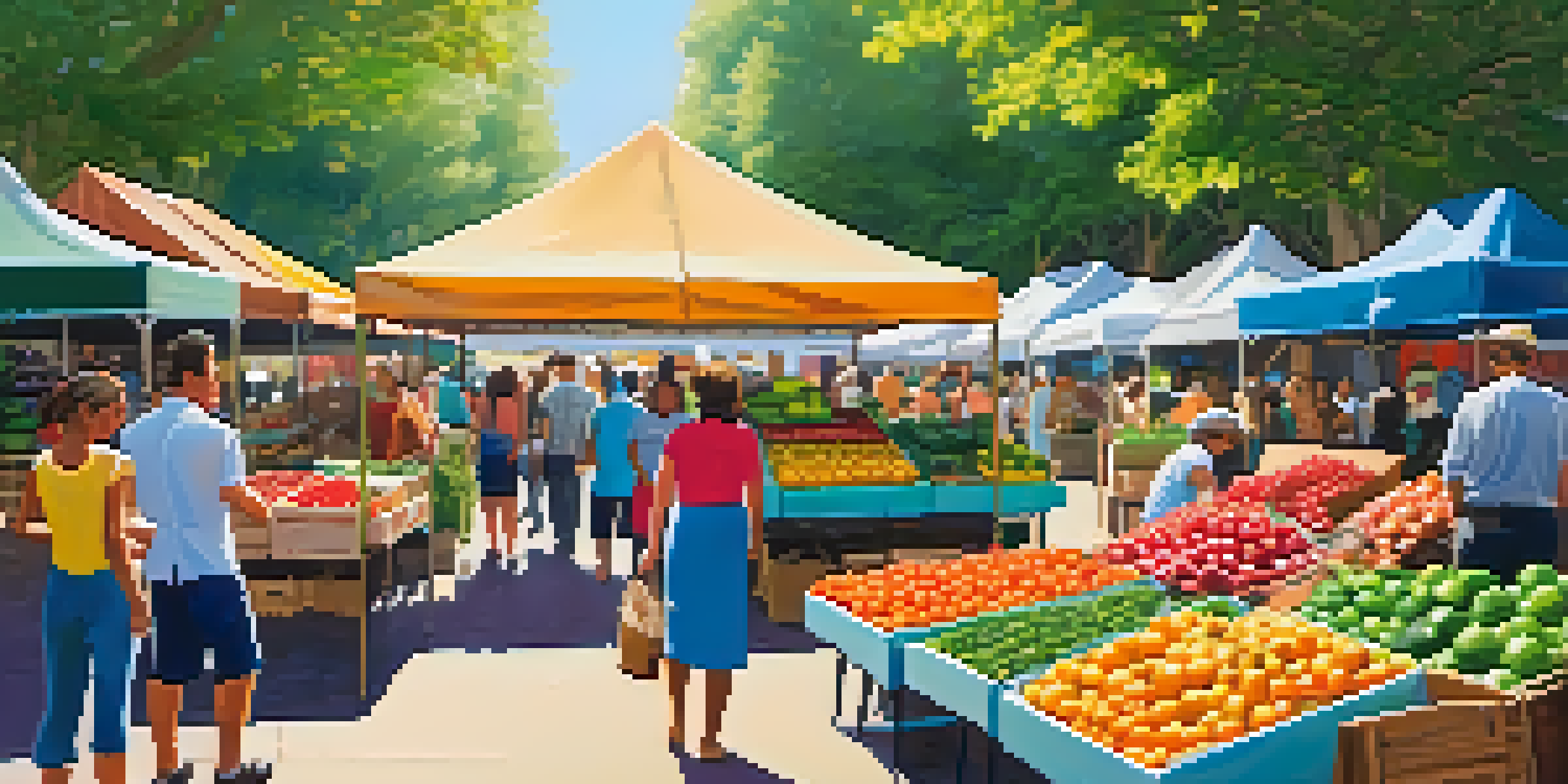 A lively farmer's market with colorful stalls of fresh produce, sunlight filtering through trees, and smiling vendors interacting with customers.