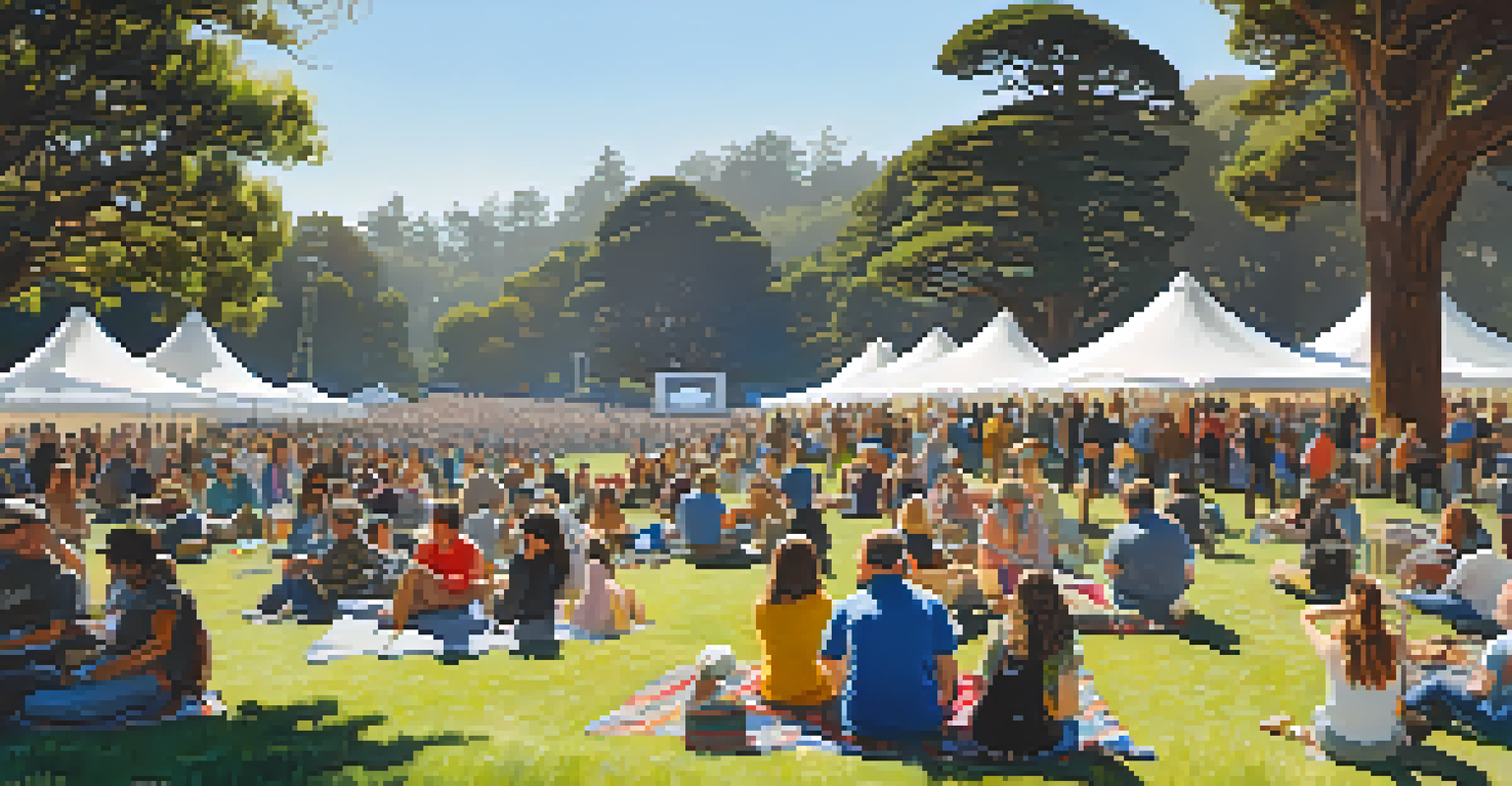 A sunny day at the Hardly Strictly Bluegrass Festival with attendees enjoying live music and a festive atmosphere in Golden Gate Park.