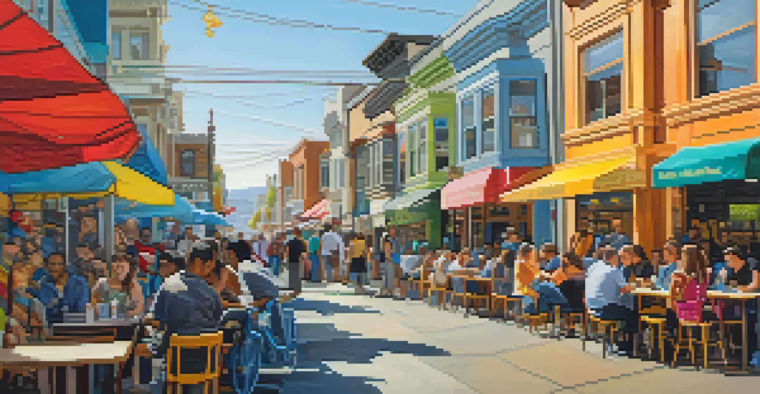 A lively street in the Mission District of San Francisco, filled with colorful murals and people enjoying outdoor cafes.