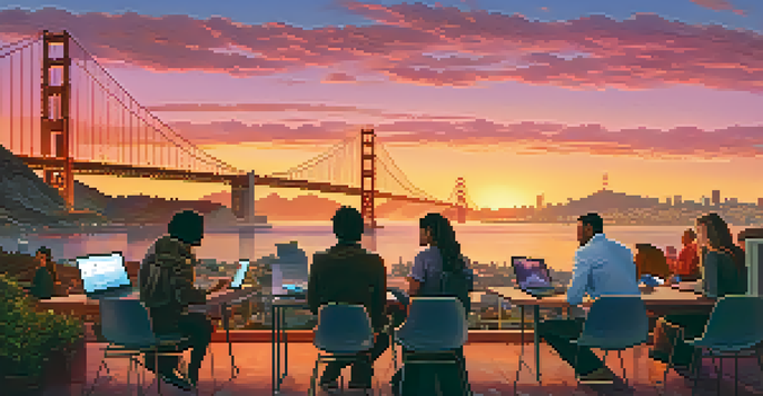 A diverse group of people in front of a sunset skyline of San Francisco, discussing with laptops, with the Golden Gate Bridge visible.