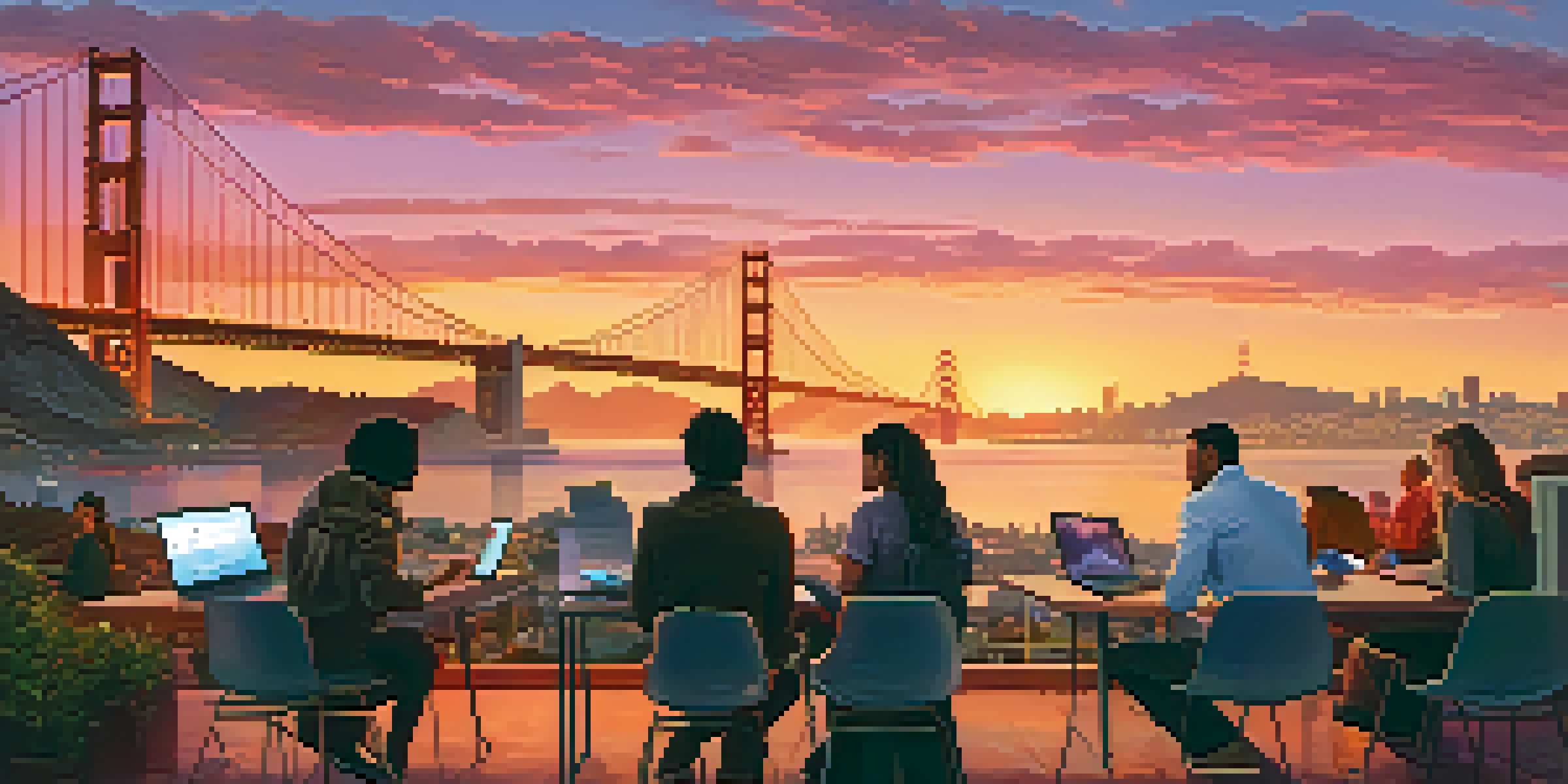 A diverse group of people in front of a sunset skyline of San Francisco, discussing with laptops, with the Golden Gate Bridge visible.