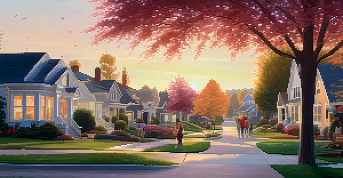 A peaceful suburban neighborhood with families enjoying outdoor activities during sunset, surrounded by spacious homes and gardens.
