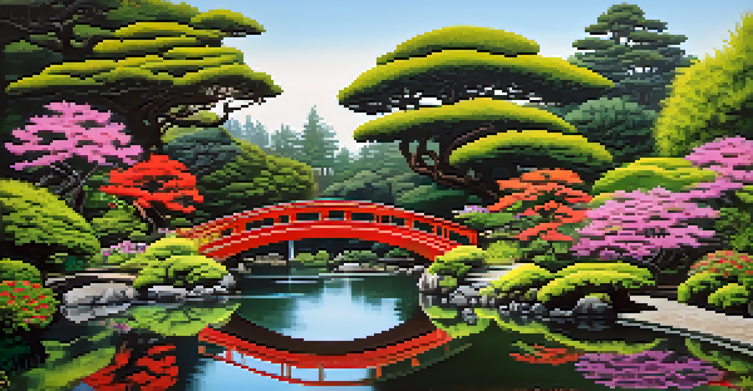 A tranquil Japanese Tea Garden in Golden Gate Park, with a beautiful pond, lush plants, and a red arched bridge.