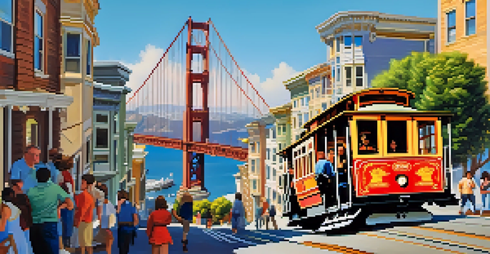 A lively San Francisco street with a cable car in motion, colorful houses, and the Golden Gate Bridge in the background on a sunny day.