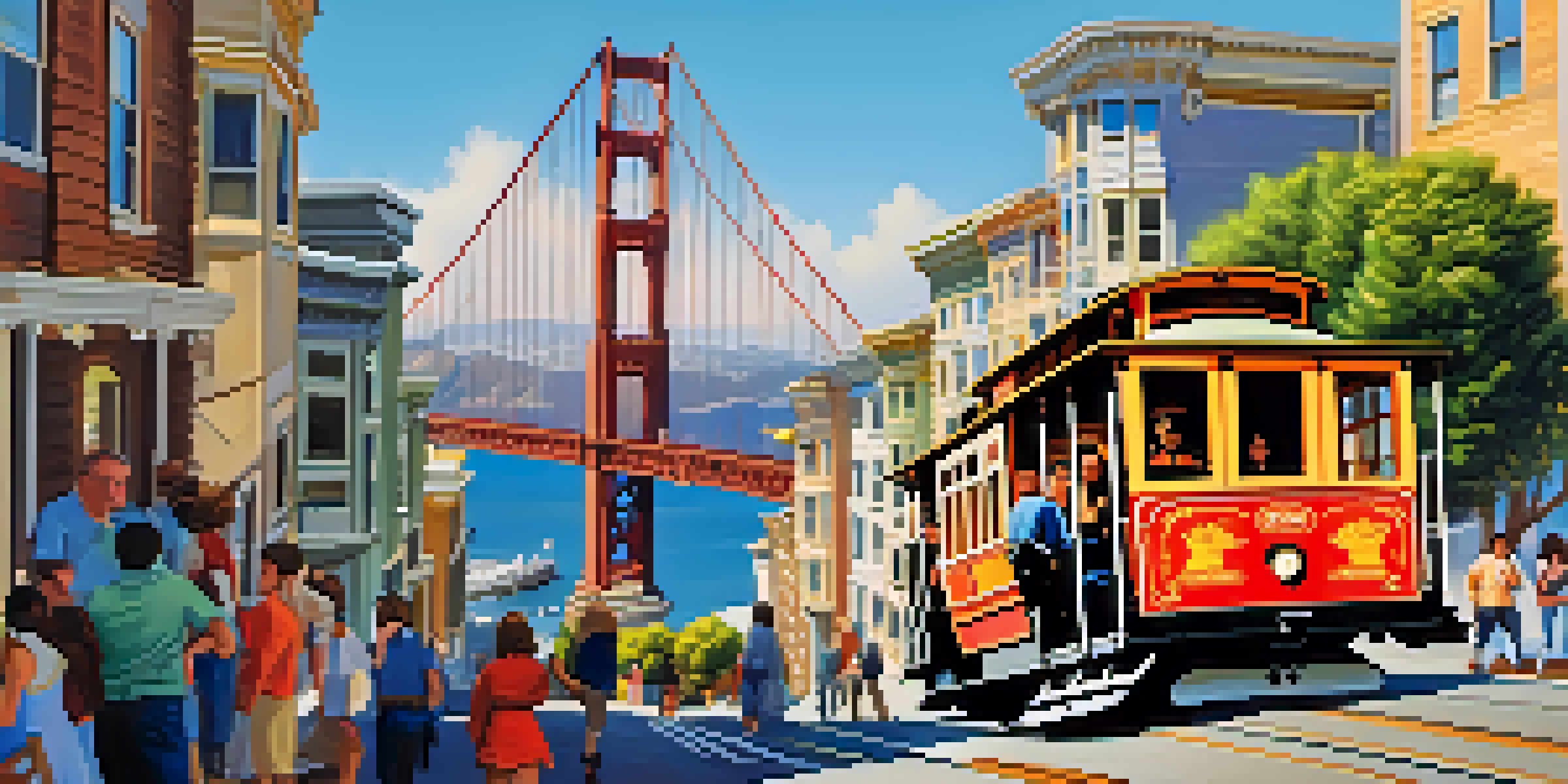 A lively San Francisco street with a cable car in motion, colorful houses, and the Golden Gate Bridge in the background on a sunny day.
