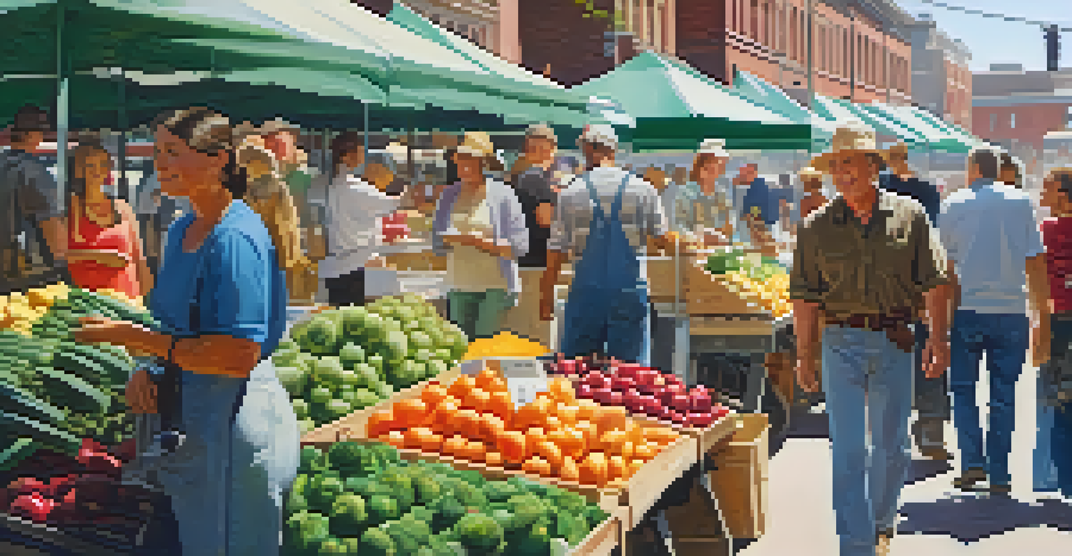 A vibrant farmers' market with local farmers and shoppers surrounded by fresh produce.
