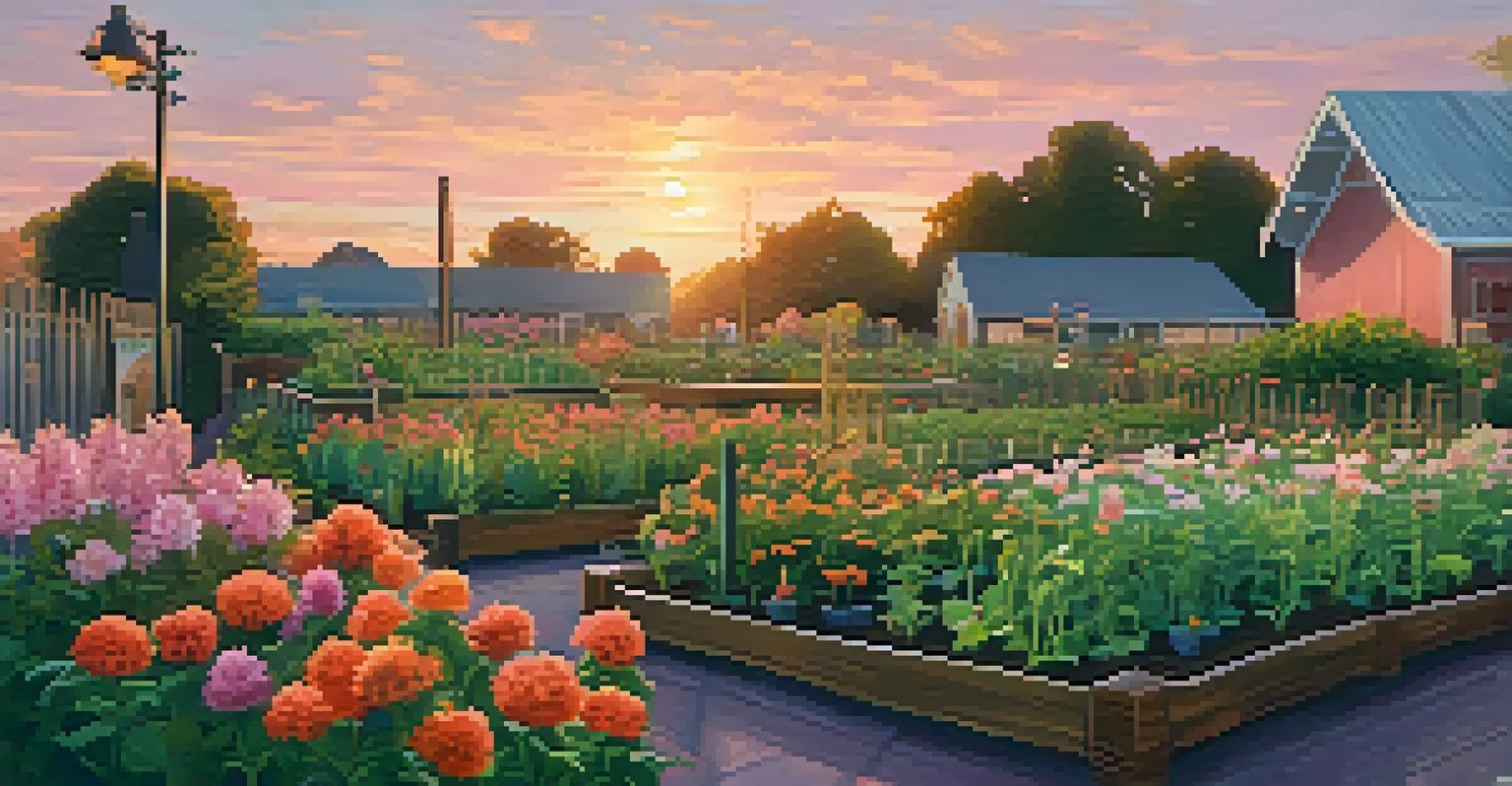A community garden at sunset, with flourishing plants and a wooden sign that reads 'Community Garden'.
