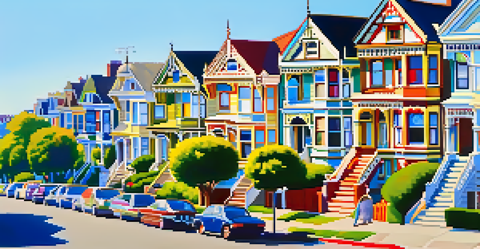 Colorful Victorian houses, the Painted Ladies, under a clear blue sky with flowers and a park in front.