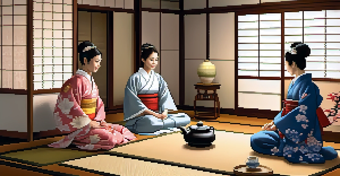 A Brazilian student in a kimono participates in a Japanese tea ceremony with a local family in a warmly lit Tokyo home.