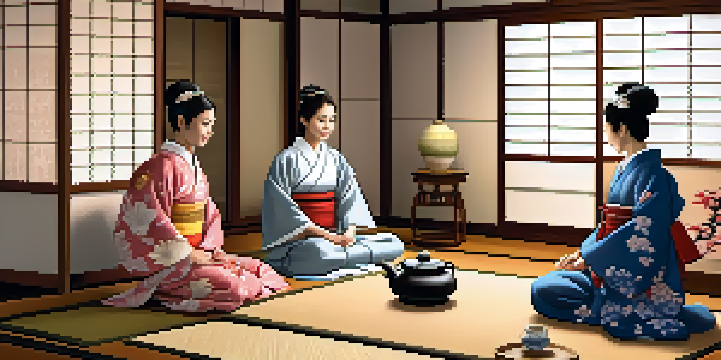 A Brazilian student in a kimono participates in a Japanese tea ceremony with a local family in a warmly lit Tokyo home.