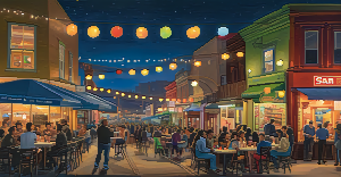 A colorful and vibrant nightlife scene in the Mission District, with murals, people enjoying food and drinks, and the San Francisco skyline at night.