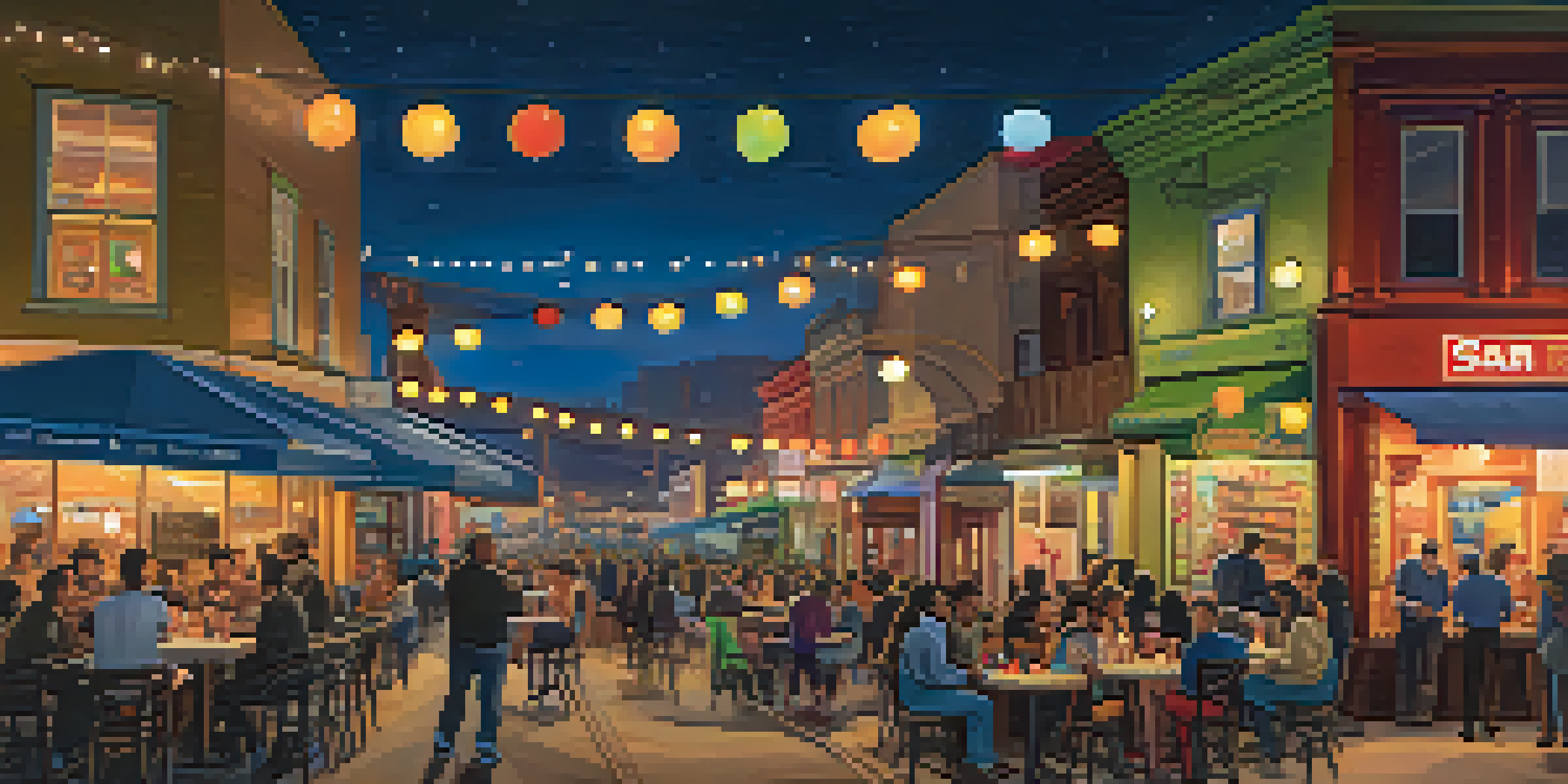 A colorful and vibrant nightlife scene in the Mission District, with murals, people enjoying food and drinks, and the San Francisco skyline at night.