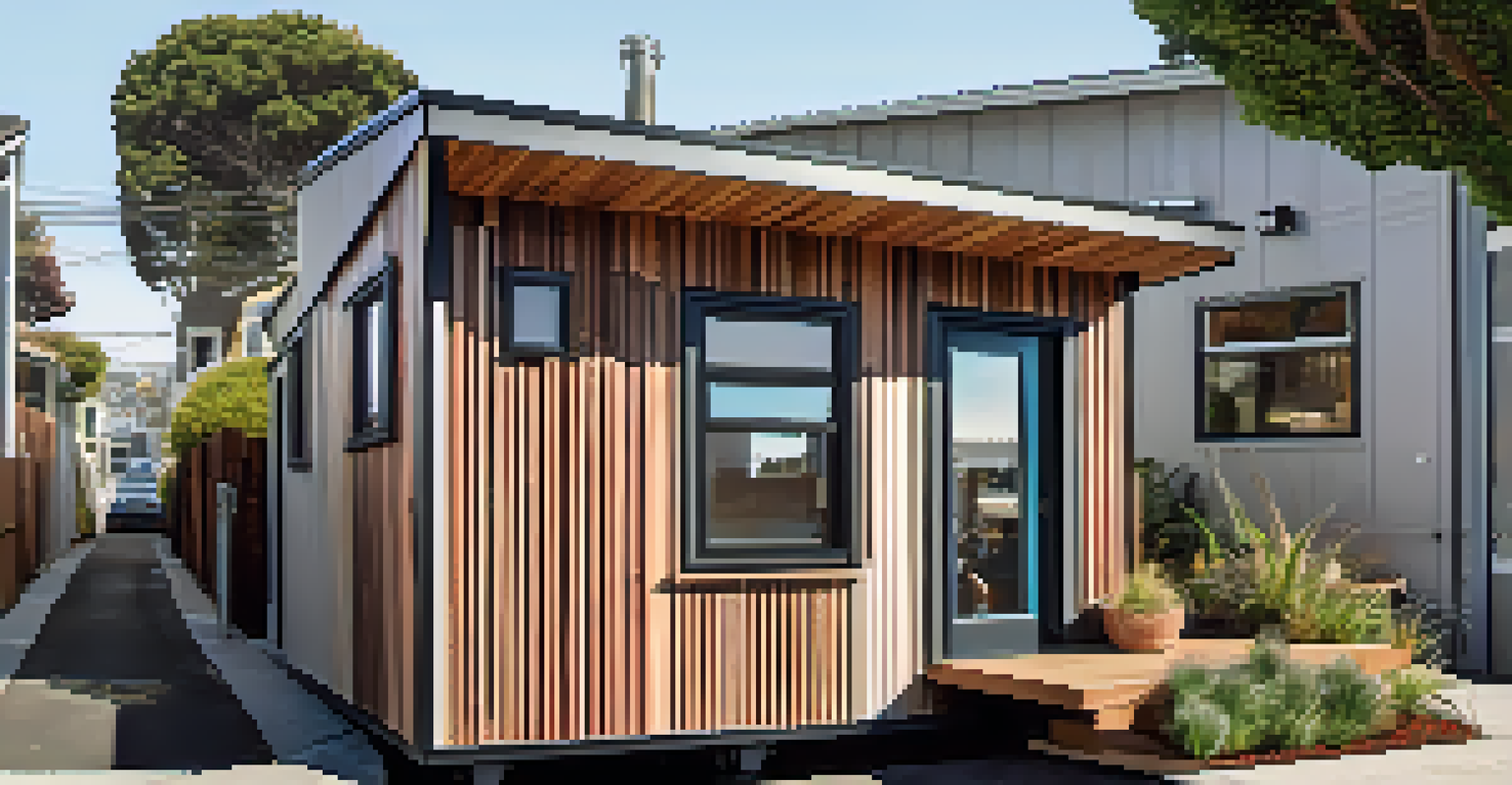 A tiny home in San Francisco displaying minimalist design with plants on the porch and residents nearby.