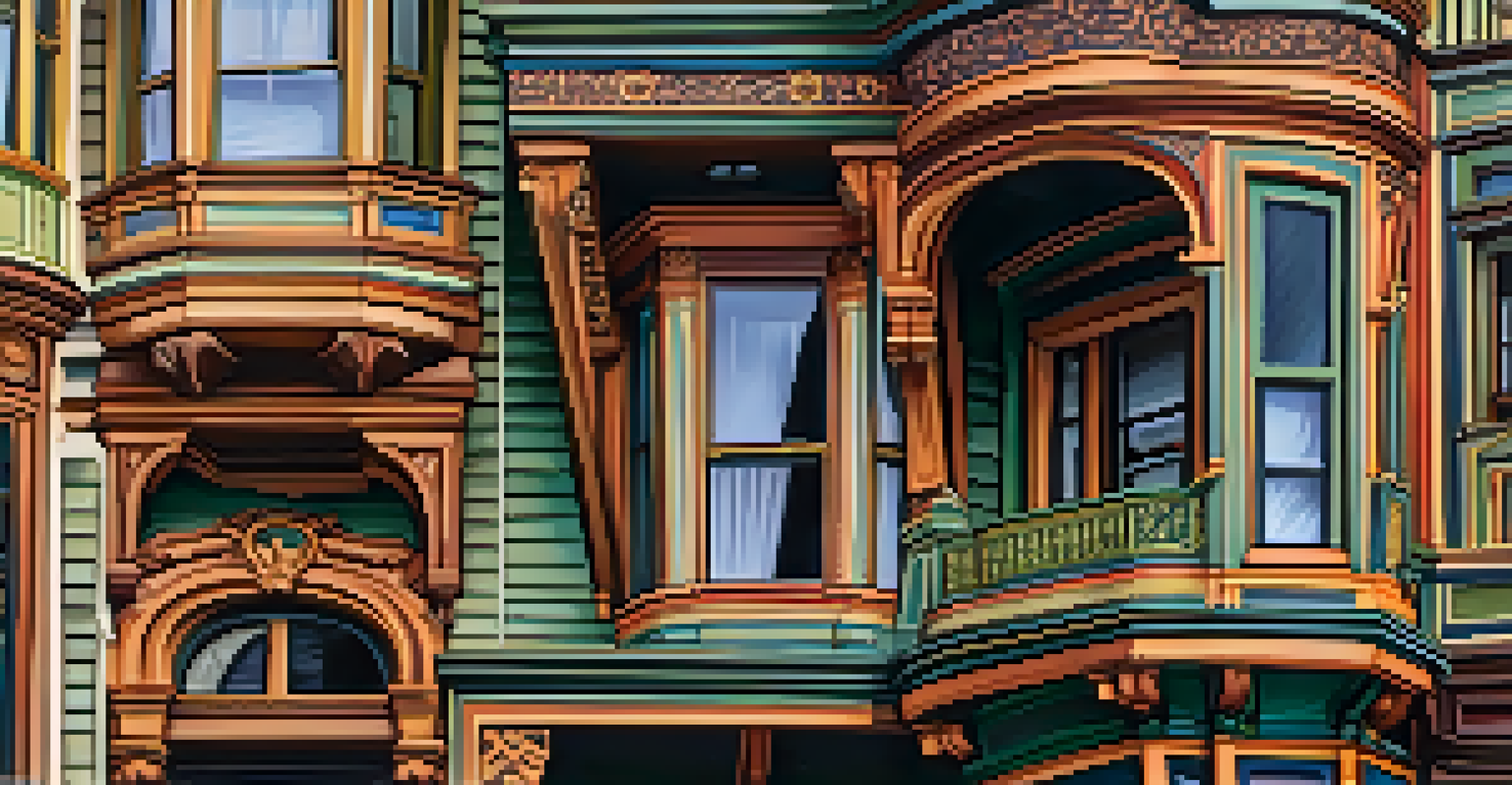 A detailed view of the ornate woodwork and vibrant colors of a Victorian home's exterior in San Francisco.