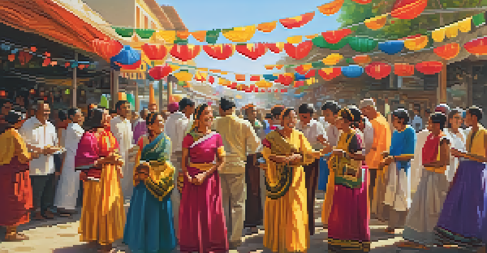 A lively local festival with diverse people in traditional clothing, colorful decorations, and food stalls under warm sunlight.