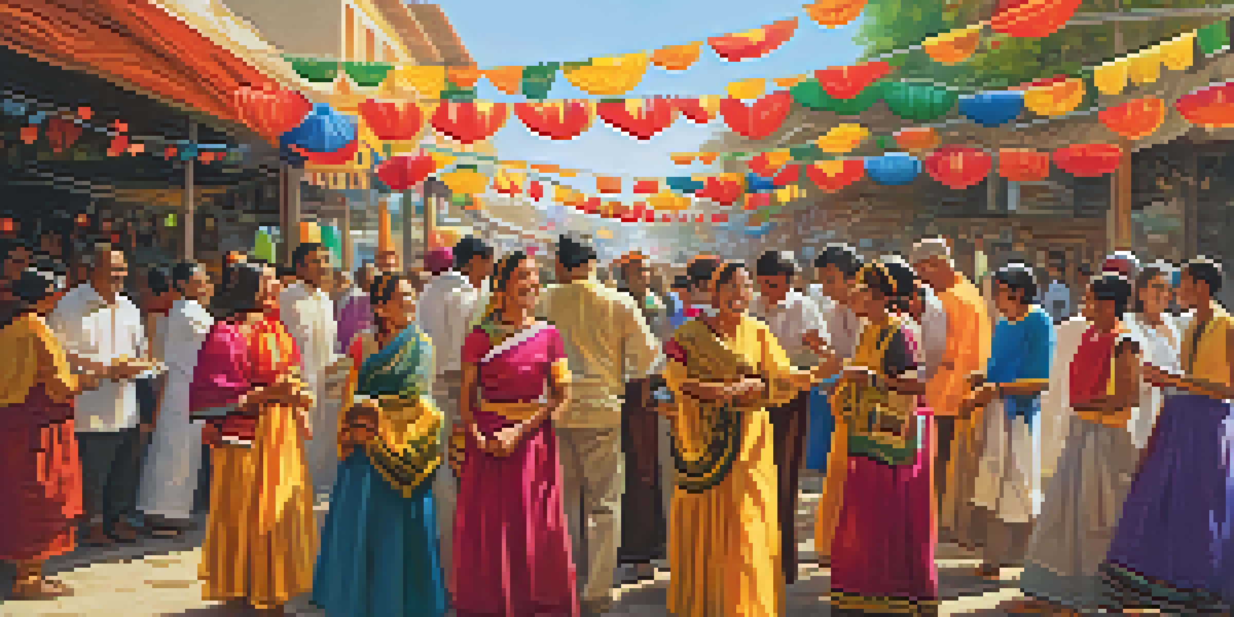 A lively local festival with diverse people in traditional clothing, colorful decorations, and food stalls under warm sunlight.
