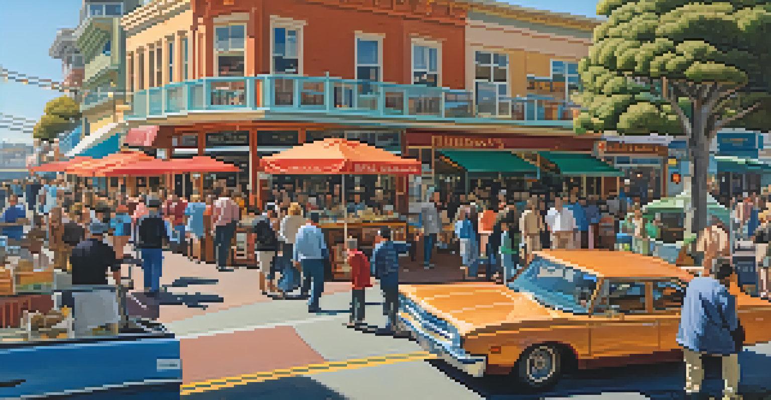 A lively street scene at Fisherman's Wharf with tourists, shops, and sea lions.