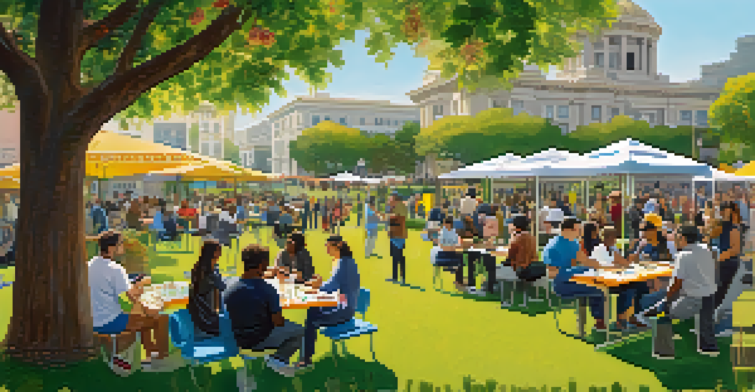 A community event in a San Francisco park with residents discussing public transit improvements, surrounded by greenery and informational displays.