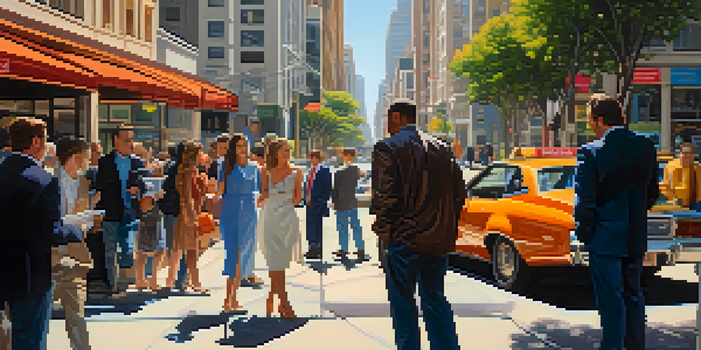 A lively street in San Francisco with diverse entrepreneurs discussing artificial intelligence, featuring recognizable buildings and warm sunlight.