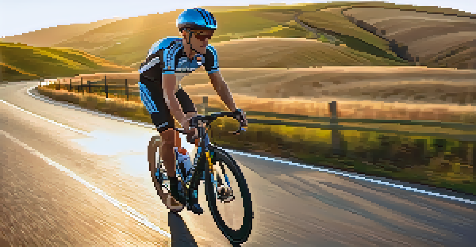 A cyclist in protective gear riding on a winding road with rolling hills in the background during golden hour.