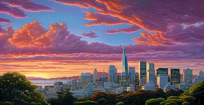 A sunset view of the San Francisco skyline with modern buildings and a green park in the foreground.