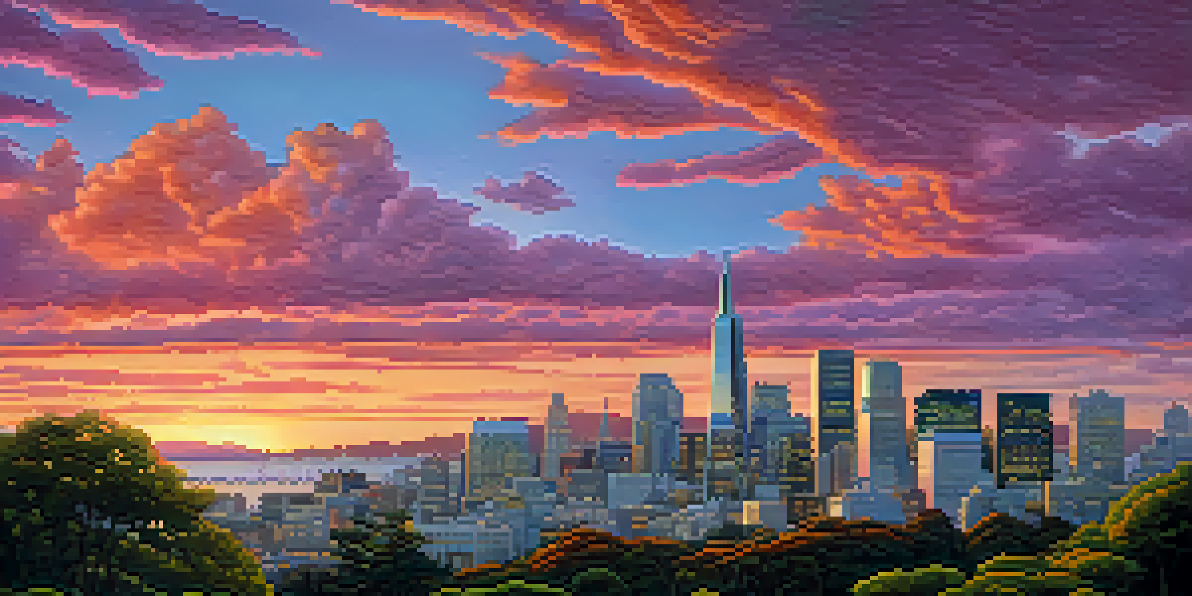 A sunset view of the San Francisco skyline with modern buildings and a green park in the foreground.