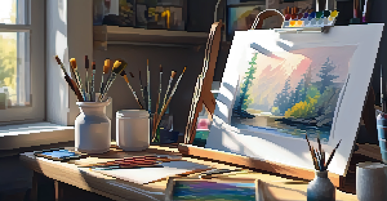 An artist's workspace with a digital tablet showing a colorful digital painting, surrounded by traditional art supplies and sunlight streaming through a window.