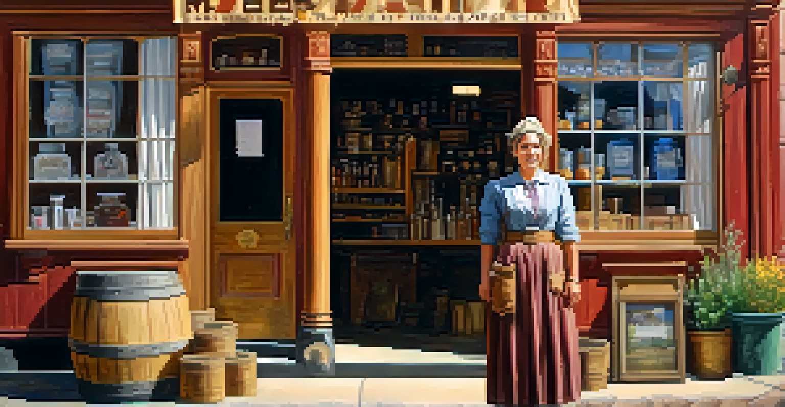A woman standing in front of her supply shop during the gold rush, showcasing goods for miners and exuding confidence.