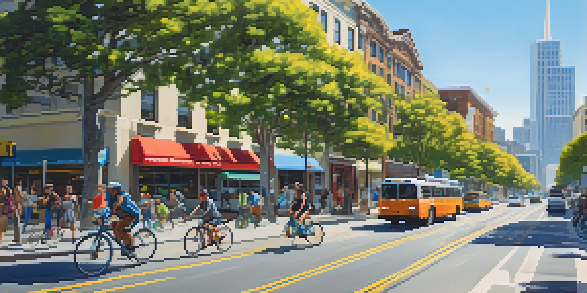 A lively urban scene in San Francisco with people biking, solar panels on rooftops, and a public transit bus promoting renewable energy.