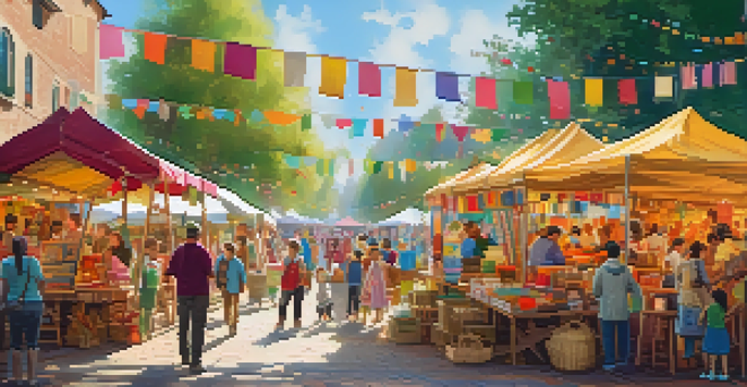 A lively artisan fair with families exploring colorful stalls filled with handmade goods and children participating in craft activities.