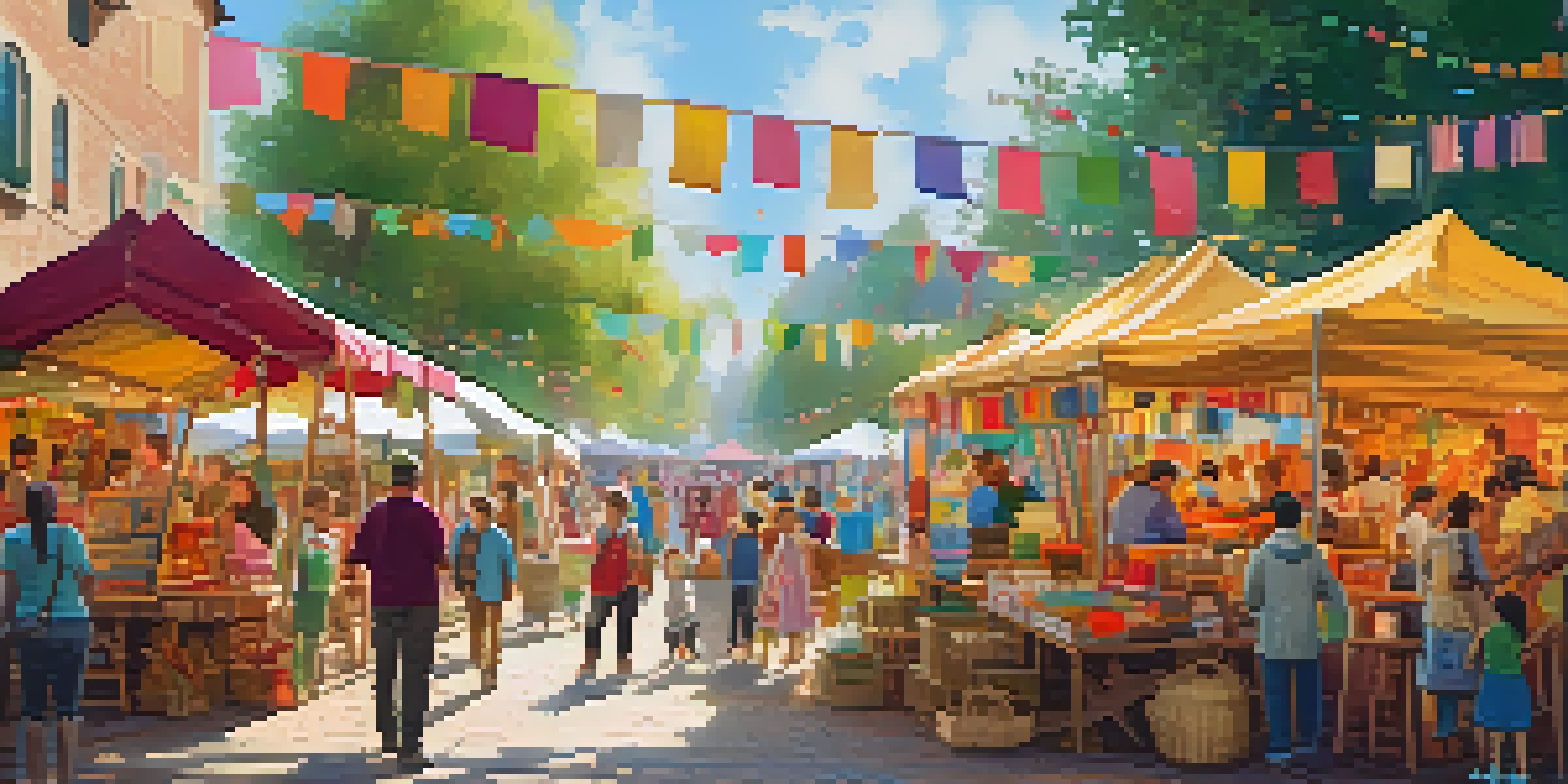 A lively artisan fair with families exploring colorful stalls filled with handmade goods and children participating in craft activities.