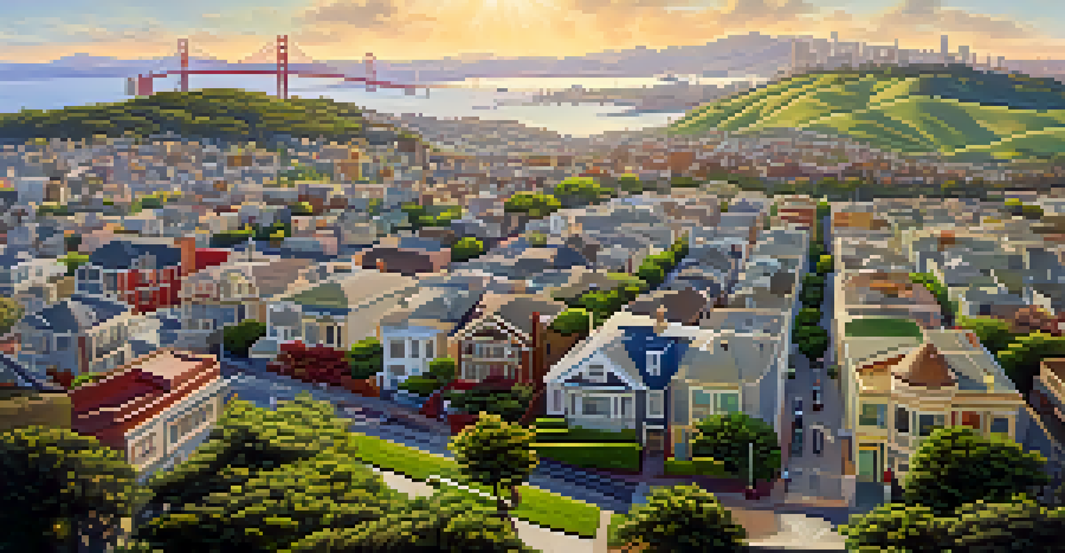 Aerial view of San Francisco displaying parks, rooftop gardens, wind turbines, and the Golden Gate Bridge under warm sunlight.