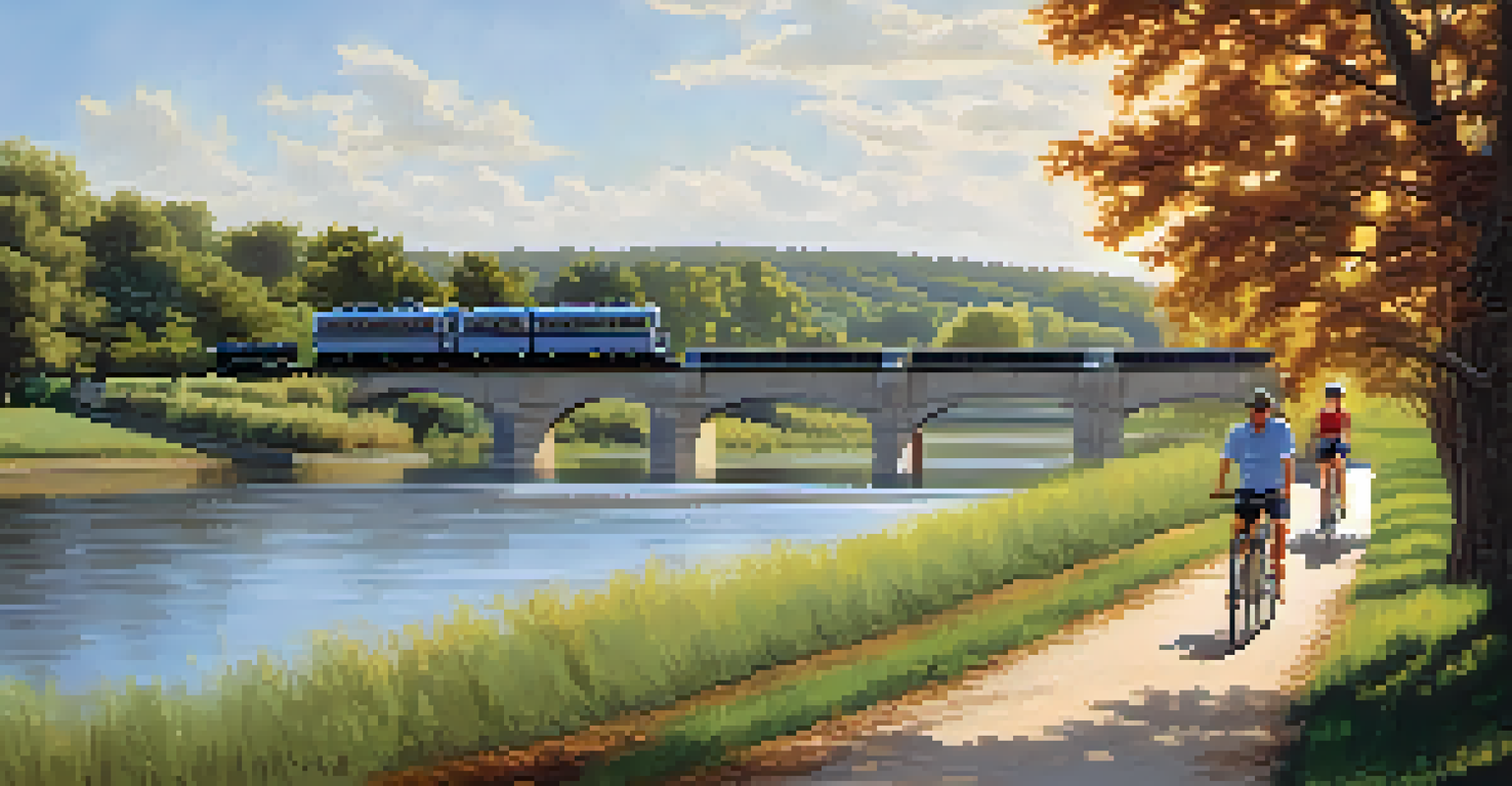 A family biking along the Katy Trail, with vineyards and fields on either side and a historic train station in the background.