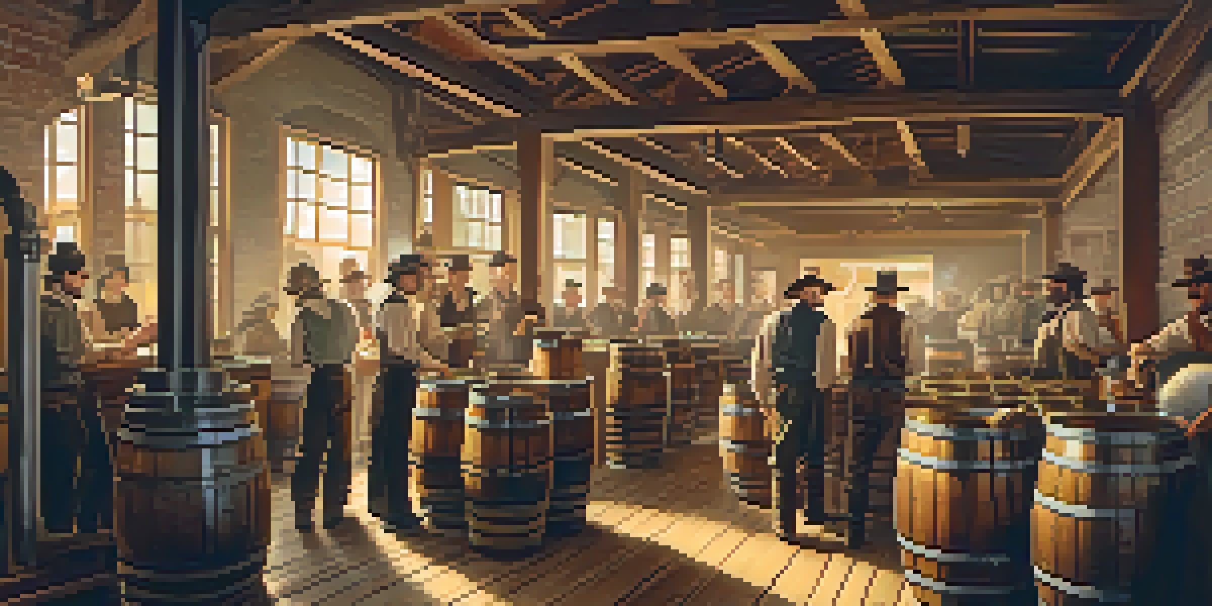 A historic brewery in San Francisco during the Gold Rush, featuring wooden barrels and workers in period clothing, with warm lighting.