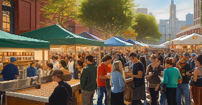 A lively coffee festival in San Francisco with people sampling coffee at vendor booths.
