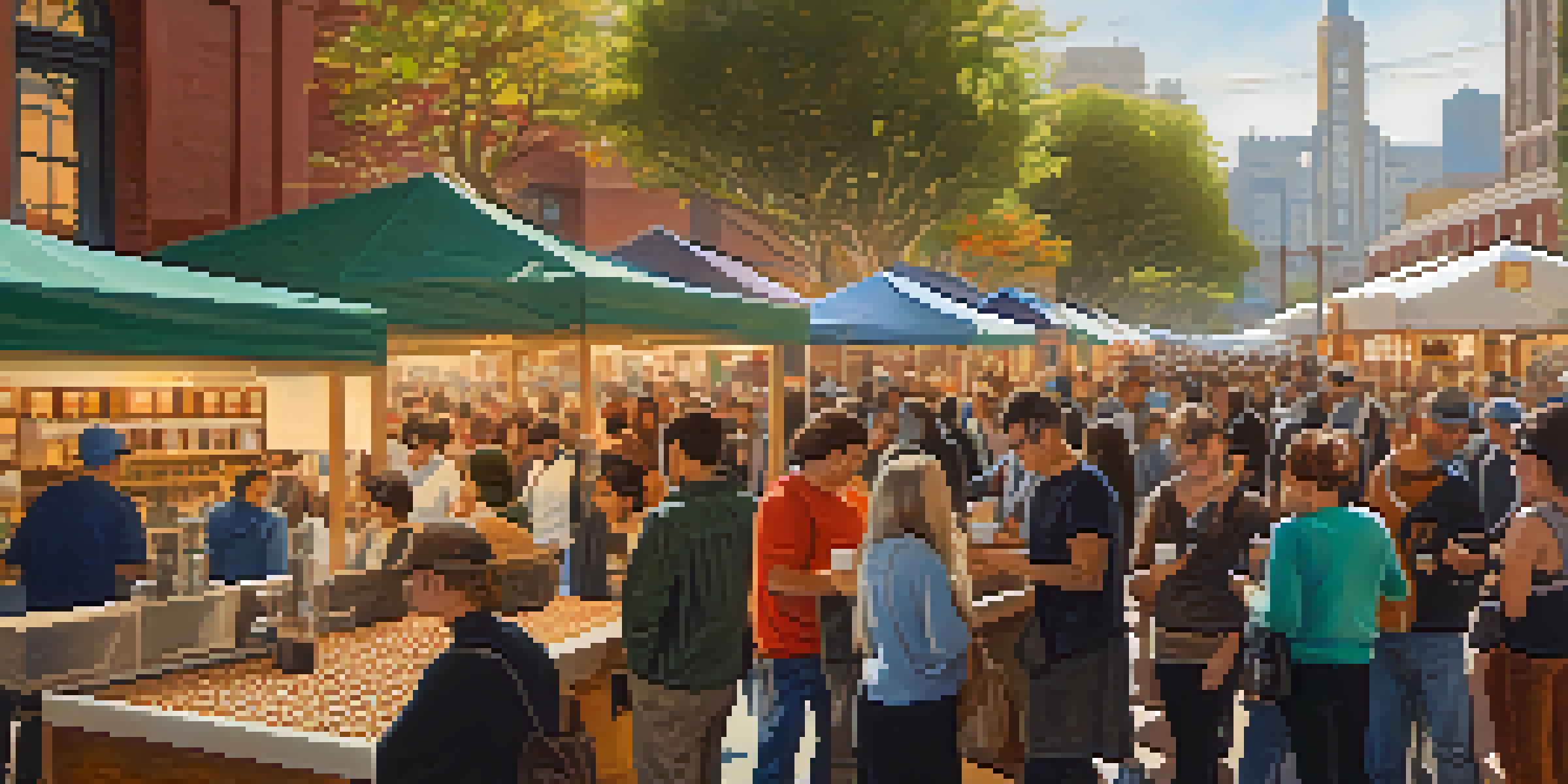 A lively coffee festival in San Francisco with people sampling coffee at vendor booths.