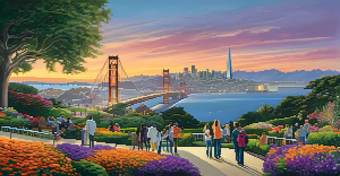 A scenic sunset view of San Francisco's skyline with the Golden Gate Bridge and Transamerica Pyramid, featuring a lively park in the foreground.