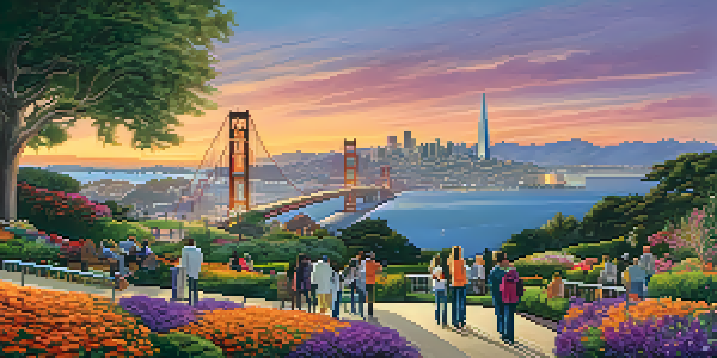 A scenic sunset view of San Francisco's skyline with the Golden Gate Bridge and Transamerica Pyramid, featuring a lively park in the foreground.