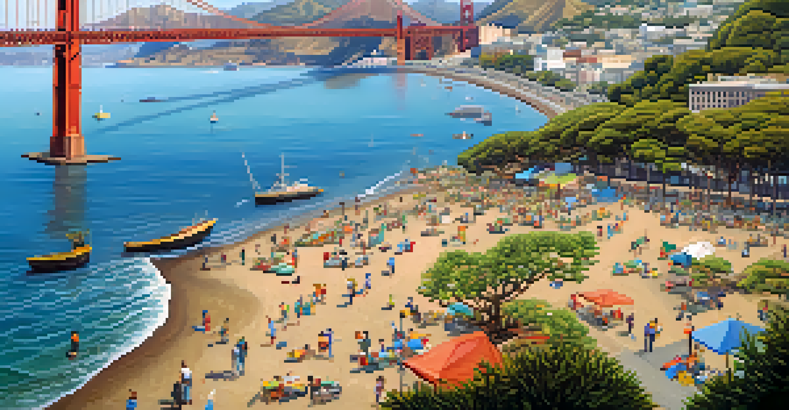 Aerial view of volunteers cleaning up the waterfront in San Francisco with the Golden Gate Bridge in the background.