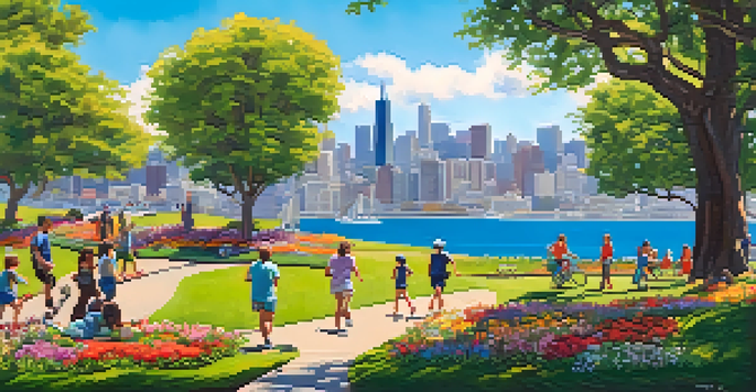 A lively urban park in San Francisco with people enjoying outdoor activities, surrounded by greenery and iconic hills in the background.