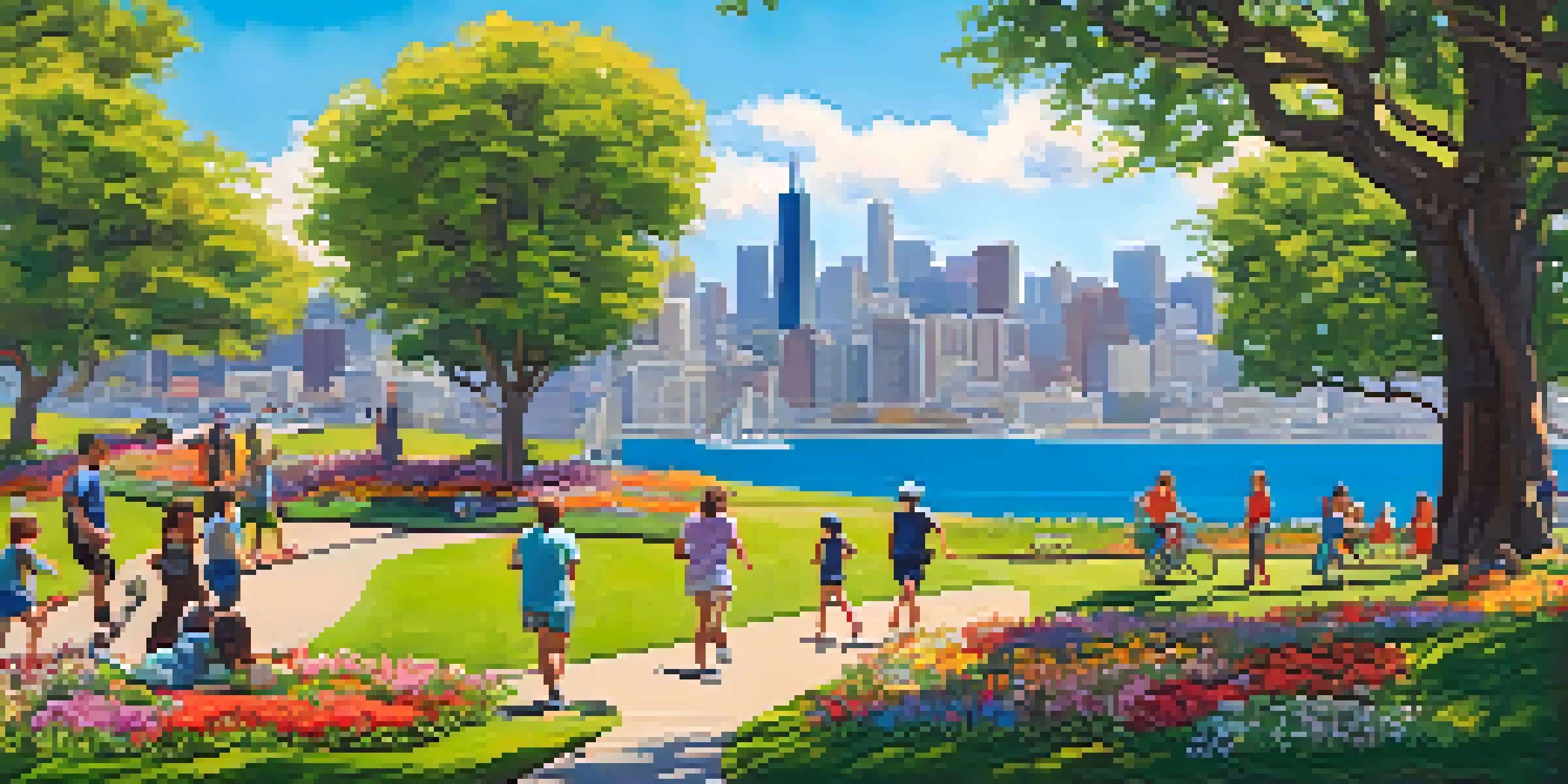 A lively urban park in San Francisco with people enjoying outdoor activities, surrounded by greenery and iconic hills in the background.