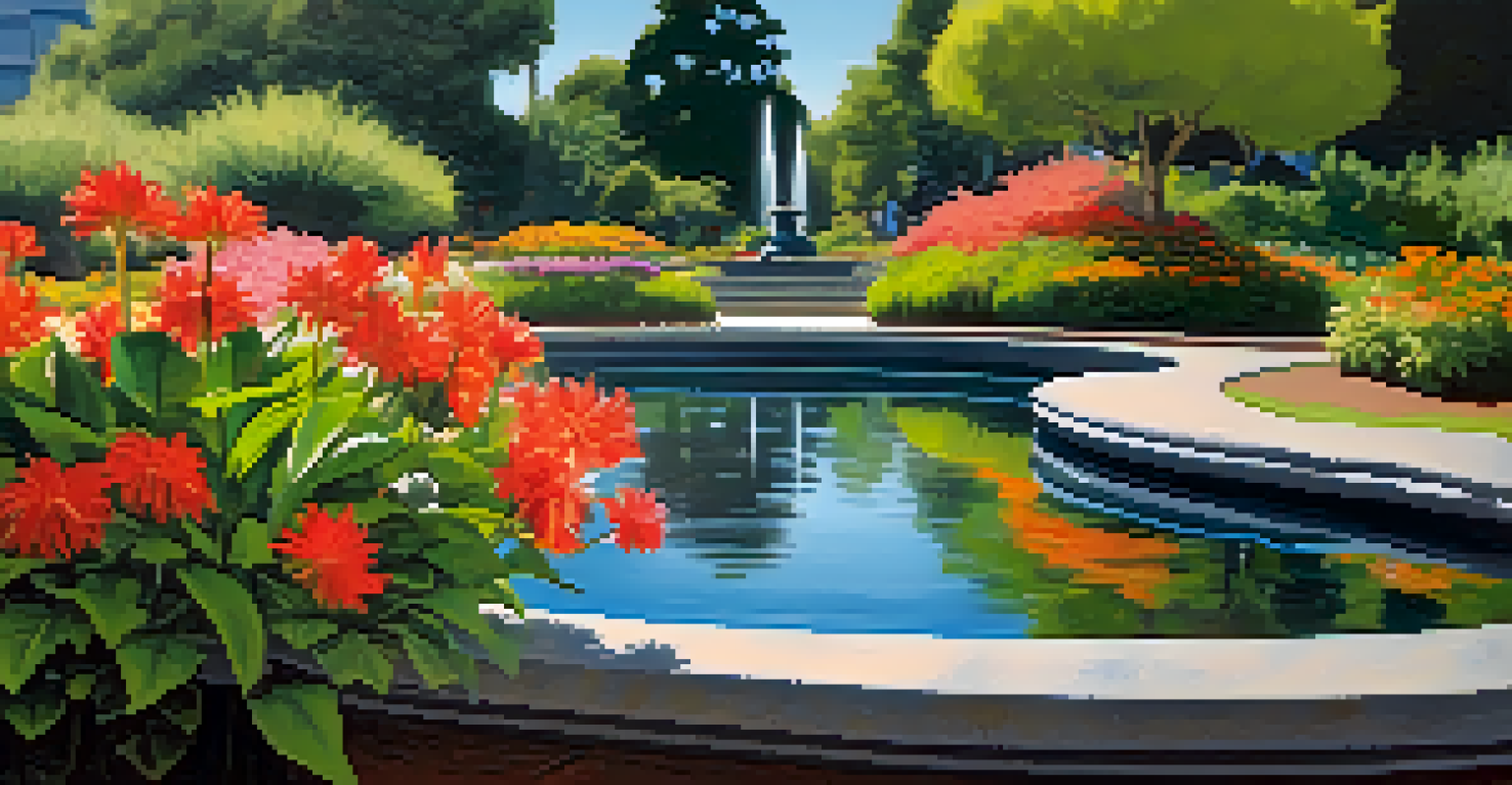 A close-up of a tranquil water feature in Yerba Buena Gardens, surrounded by plants and flowers, with a bird perched nearby.