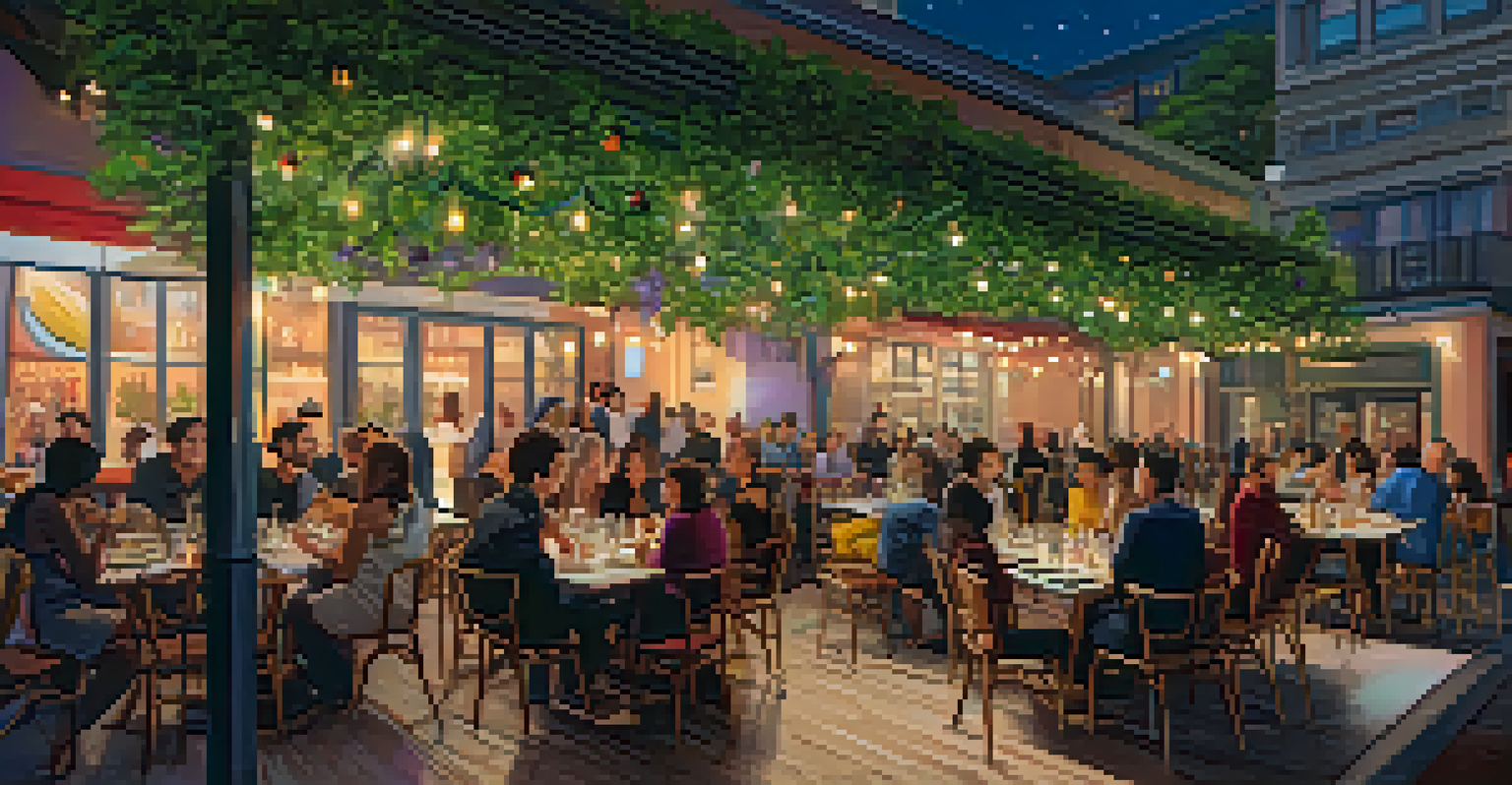 Outdoor dining at Foreign Cinema with patrons enjoying gourmet meals under fairy lights and a film being projected.