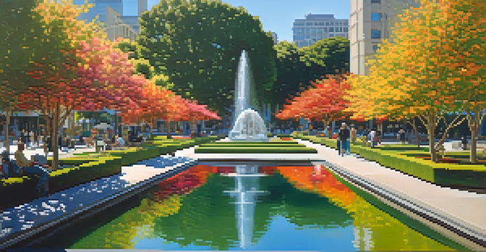 A wide view of Yerba Buena Gardens featuring greenery, flowers, art installations, and visitors enjoying the park under sunny skies.