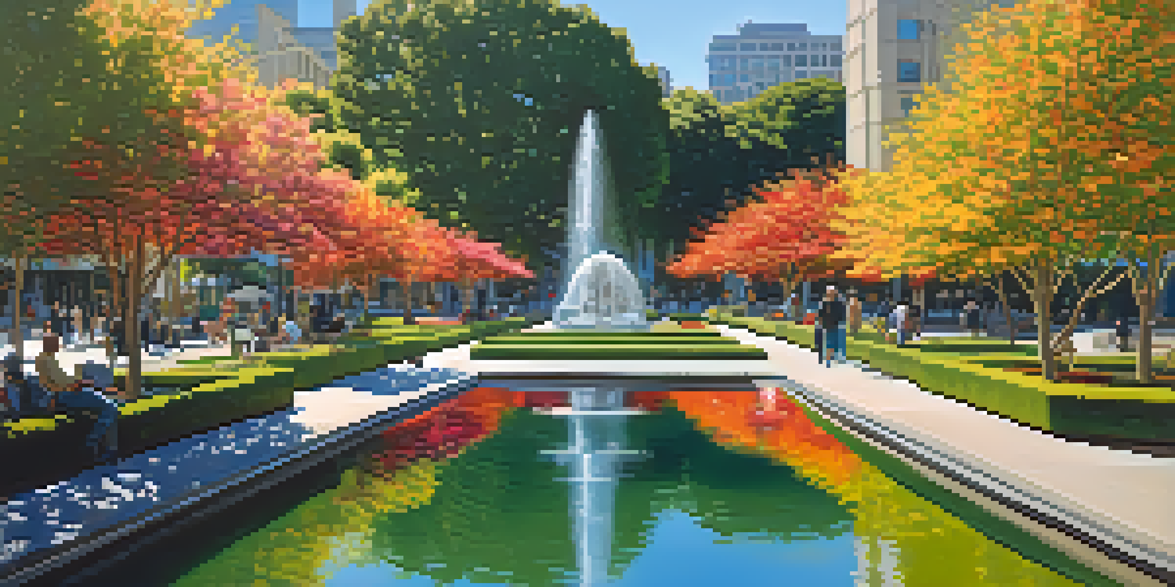 A wide view of Yerba Buena Gardens featuring greenery, flowers, art installations, and visitors enjoying the park under sunny skies.