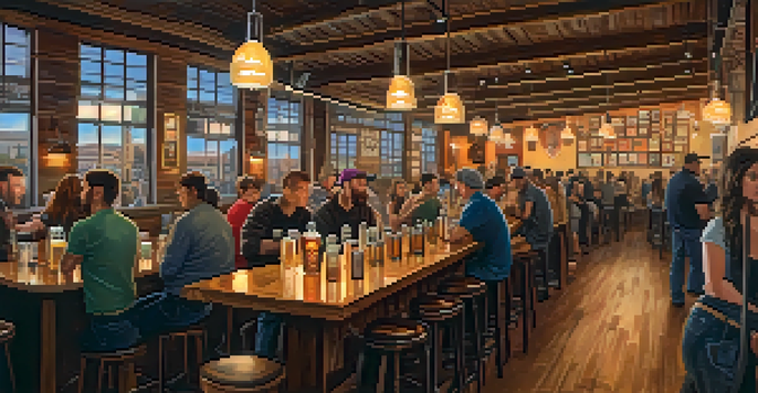 A lively craft brewery in San Francisco with people enjoying beers, wooden tables, barrels, and colorful artwork under warm lighting.